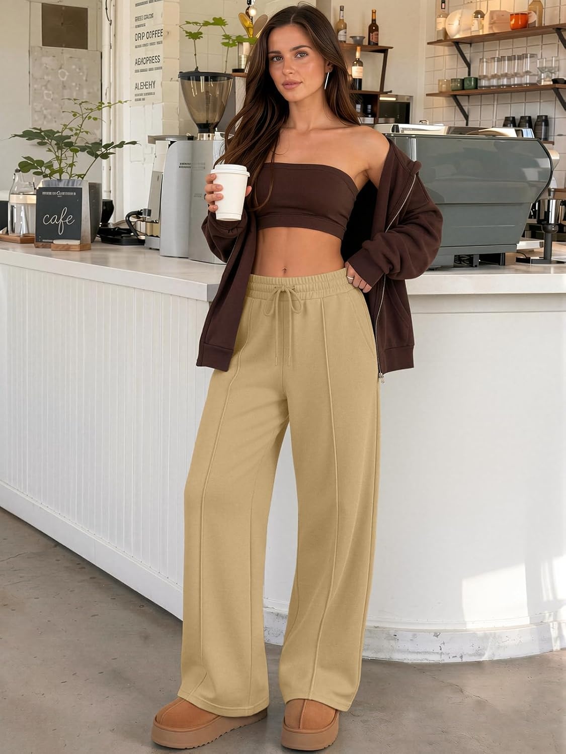 image:imageATHMILE Womens Wide Leg Sweatpants High Waisted Baggy Pants Fashion Teen Girl Drawstring Athletic JoggersFleecelight Brown