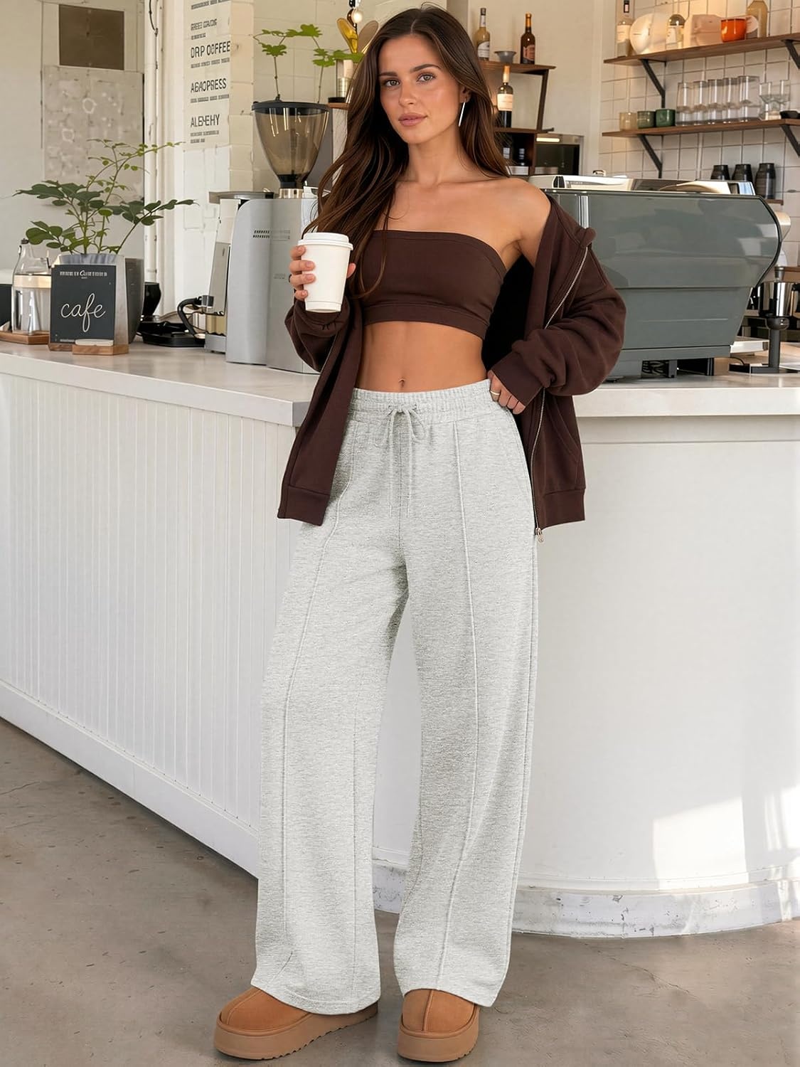 image:imageATHMILE Womens Wide Leg Sweatpants High Waisted Baggy Pants Fashion Teen Girl Drawstring Athletic JoggersFleecelight Grey