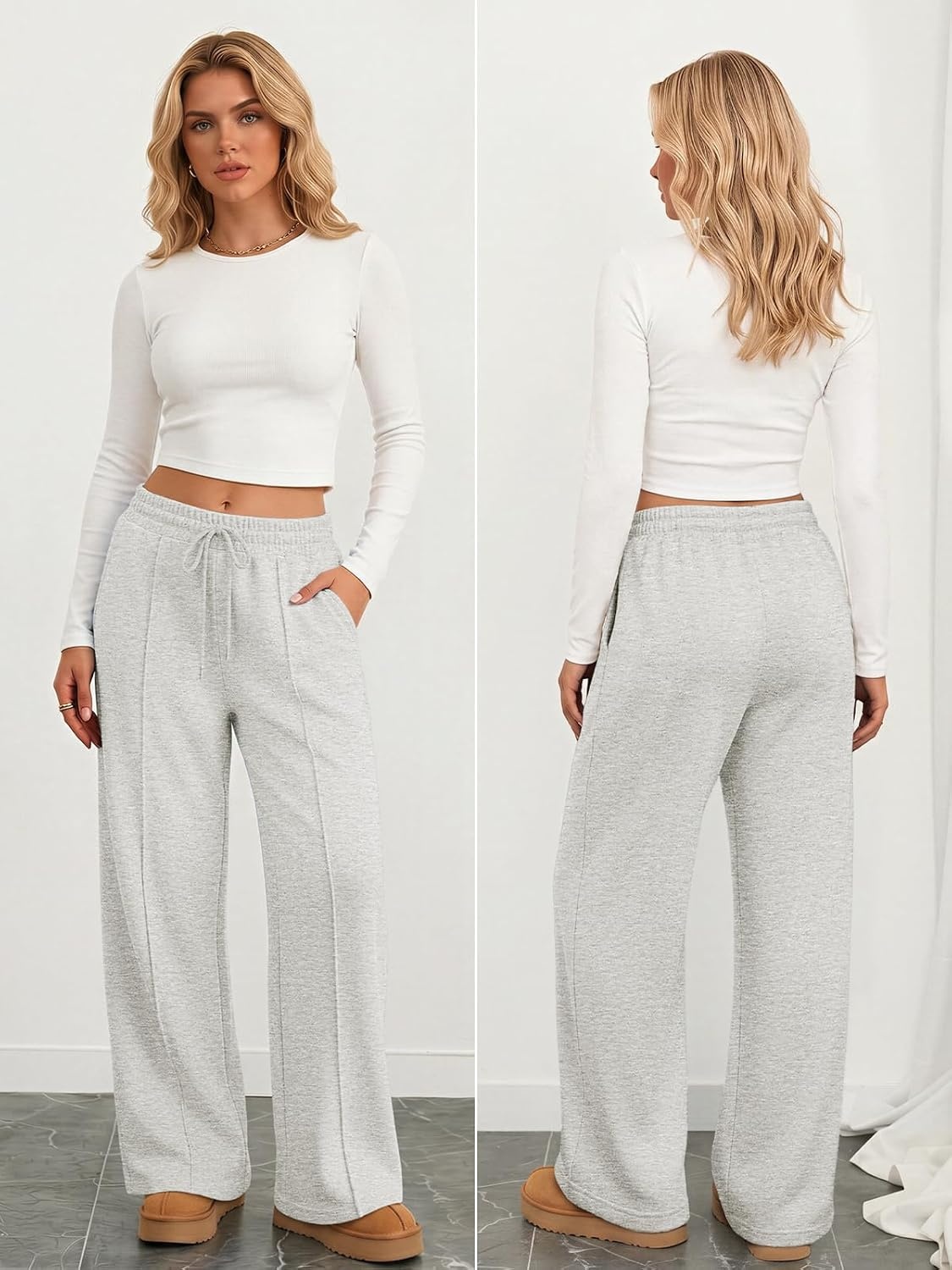 image:imageATHMILE Womens Wide Leg Sweatpants High Waisted Baggy Pants Fashion Teen Girl Drawstring Athletic JoggersFleecelight Grey