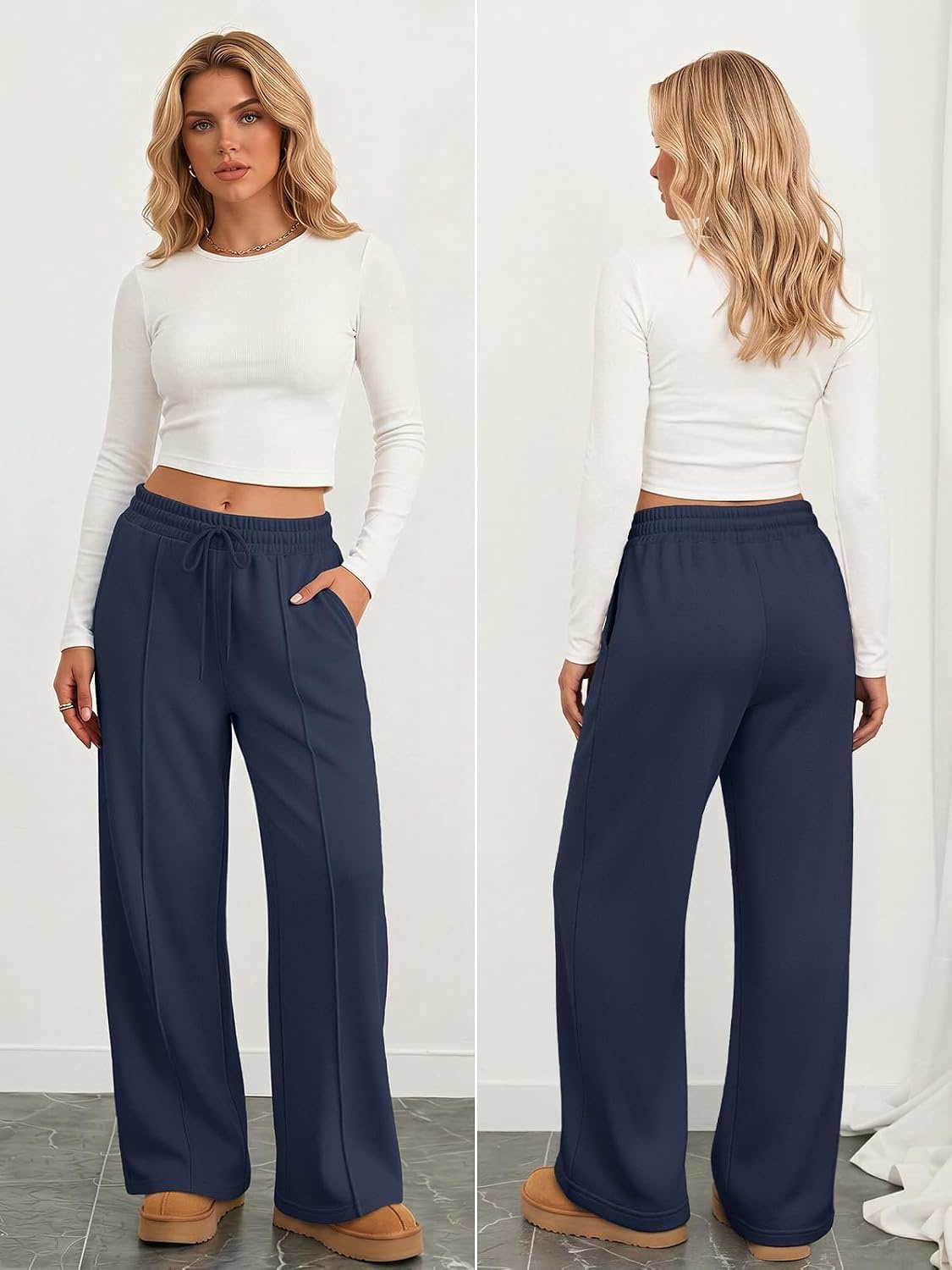 image:imageATHMILE Womens Wide Leg Sweatpants High Waisted Baggy Pants Fashion Teen Girl Drawstring Athletic JoggersFleecenavy
