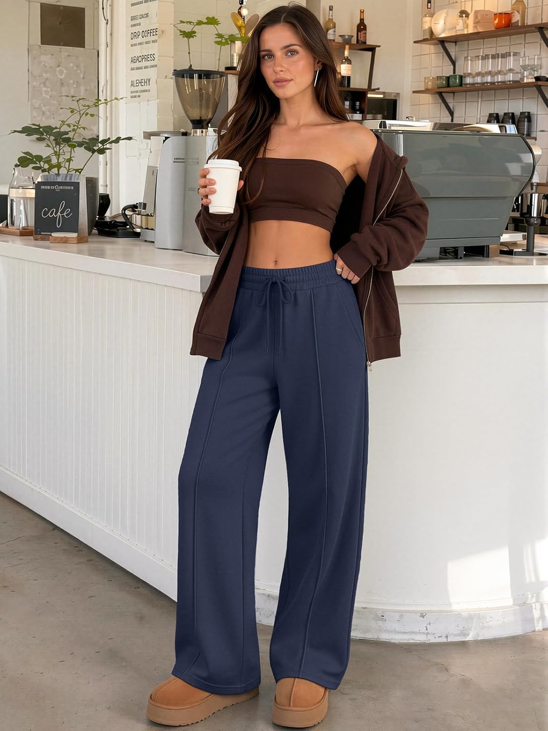 image:imageATHMILE Womens Wide Leg Sweatpants High Waisted Baggy Pants Fashion Teen Girl Drawstring Athletic JoggersFleecenavy