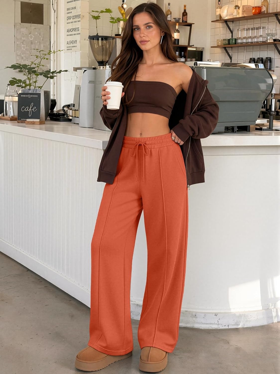 image:imageATHMILE Womens Wide Leg Sweatpants High Waisted Baggy Pants Fashion Teen Girl Drawstring Athletic JoggersFleeceorange