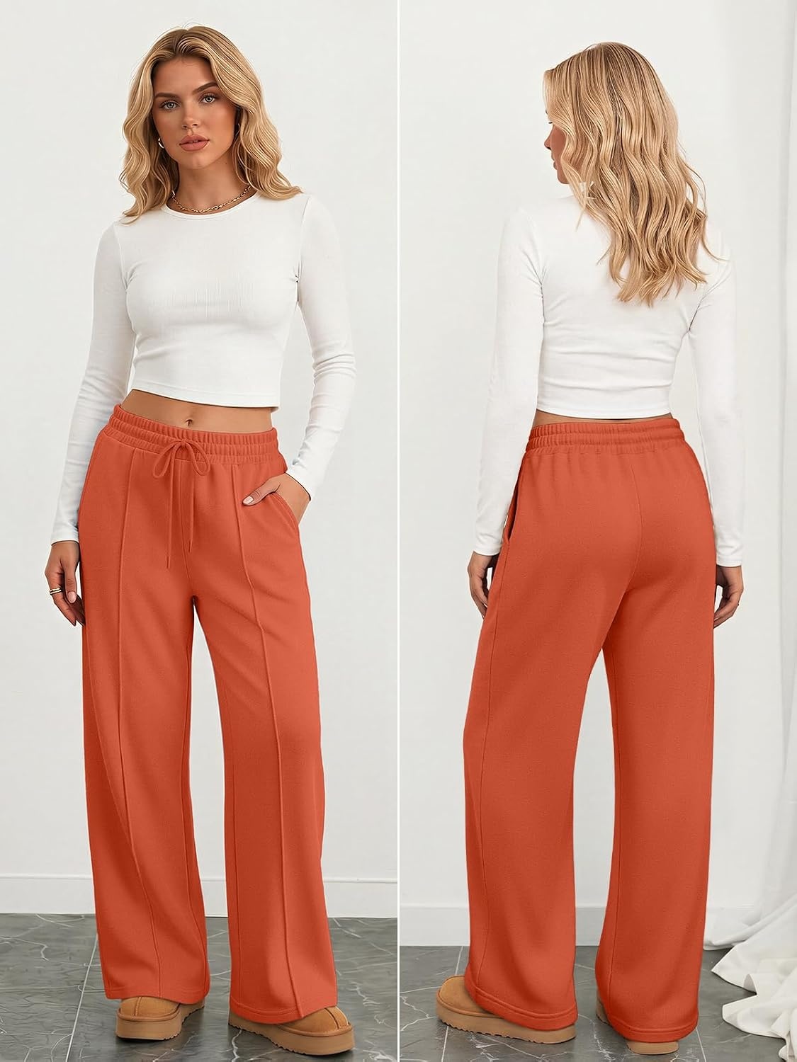 image:imageATHMILE Womens Wide Leg Sweatpants High Waisted Baggy Pants Fashion Teen Girl Drawstring Athletic JoggersFleeceorange