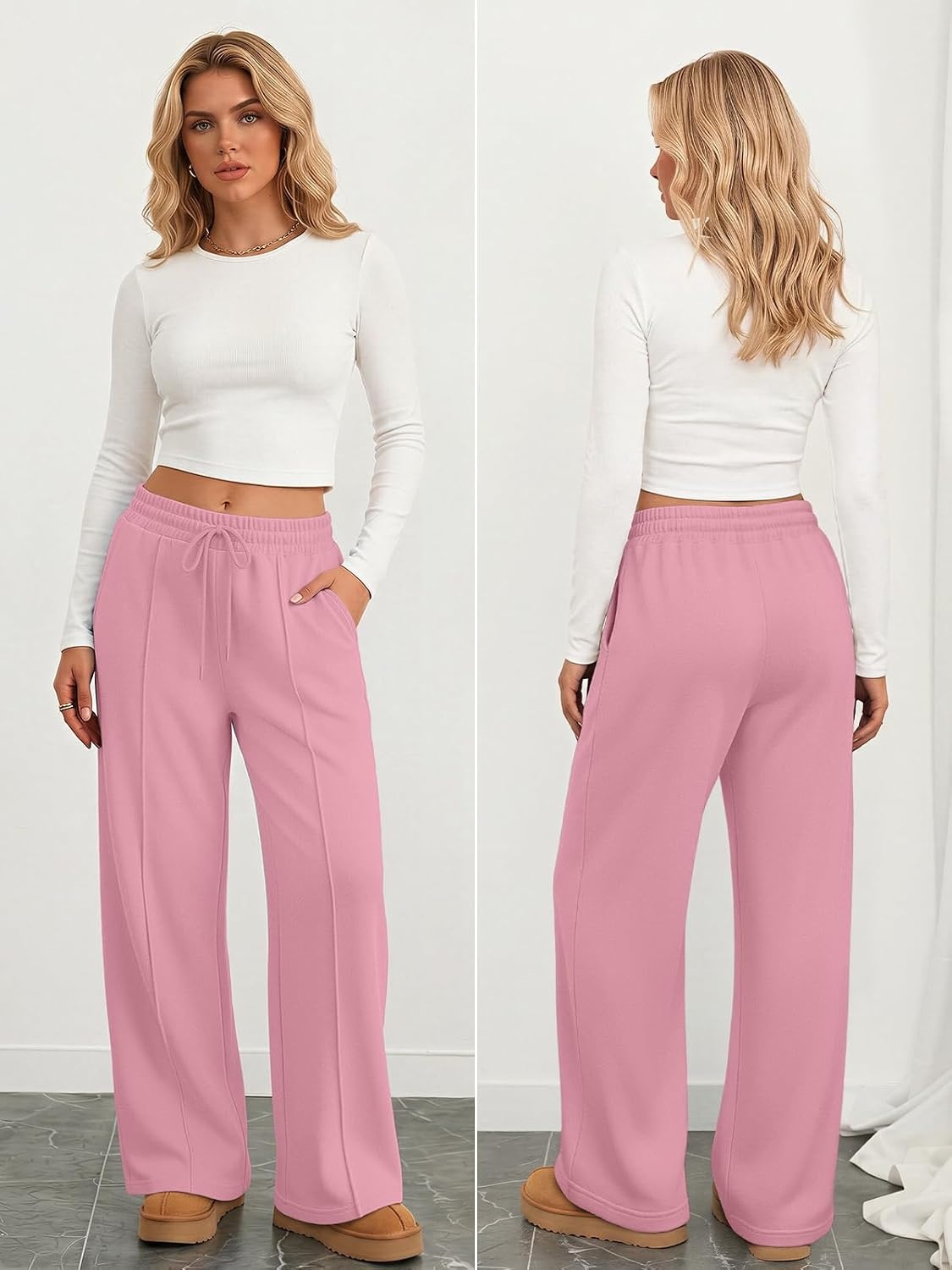 image:imageATHMILE Womens Wide Leg Sweatpants High Waisted Baggy Pants Fashion Teen Girl Drawstring Athletic JoggersFleecepink