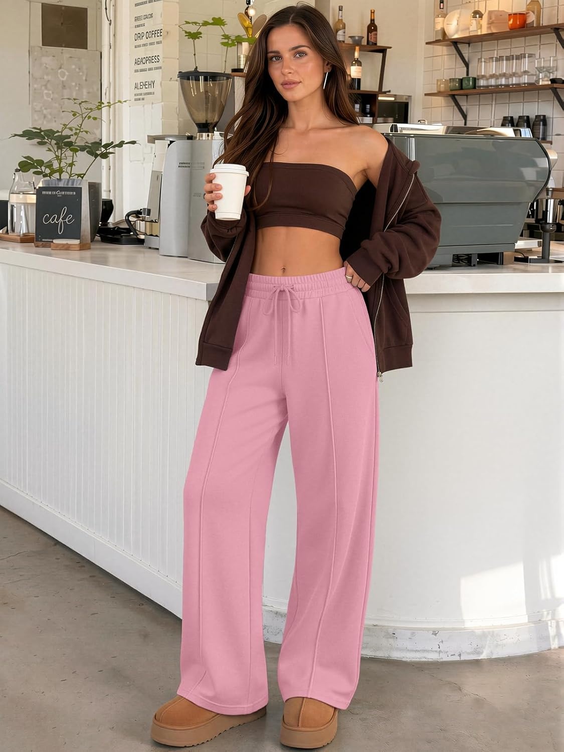 image:imageATHMILE Womens Wide Leg Sweatpants High Waisted Baggy Pants Fashion Teen Girl Drawstring Athletic JoggersFleecepink
