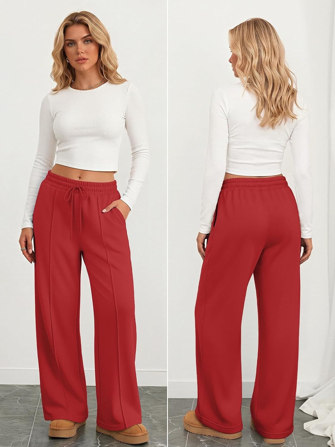 image:imageATHMILE Womens Wide Leg Sweatpants High Waisted Baggy Pants Fashion Teen Girl Drawstring Athletic JoggersFleecewatermelonred