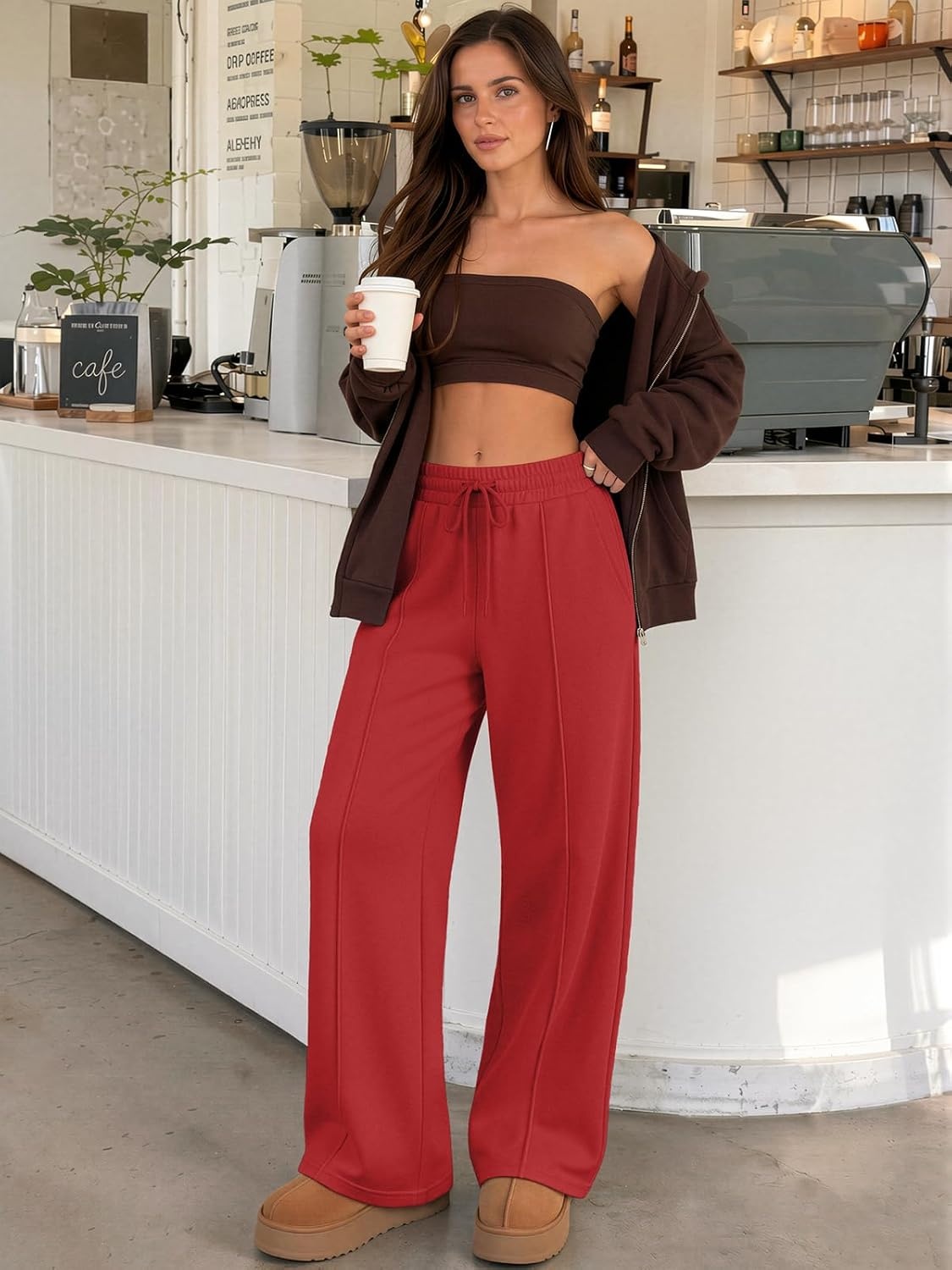 image:imageATHMILE Womens Wide Leg Sweatpants High Waisted Baggy Pants Fashion Teen Girl Drawstring Athletic JoggersFleecewatermelonred