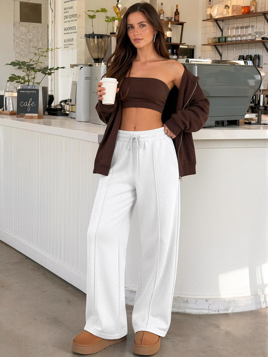 image:imageATHMILE Womens Wide Leg Sweatpants High Waisted Baggy Pants Fashion Teen Girl Drawstring Athletic JoggersFleecewhite