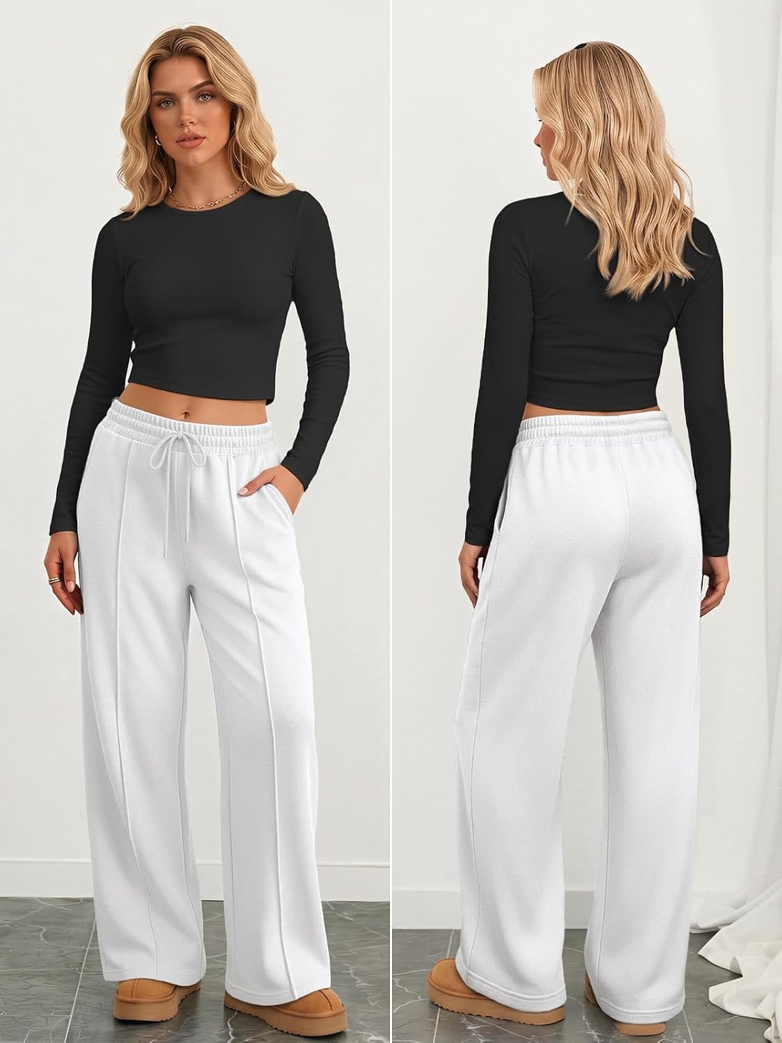 image:imageATHMILE Womens Wide Leg Sweatpants High Waisted Baggy Pants Fashion Teen Girl Drawstring Athletic JoggersFleecewhite