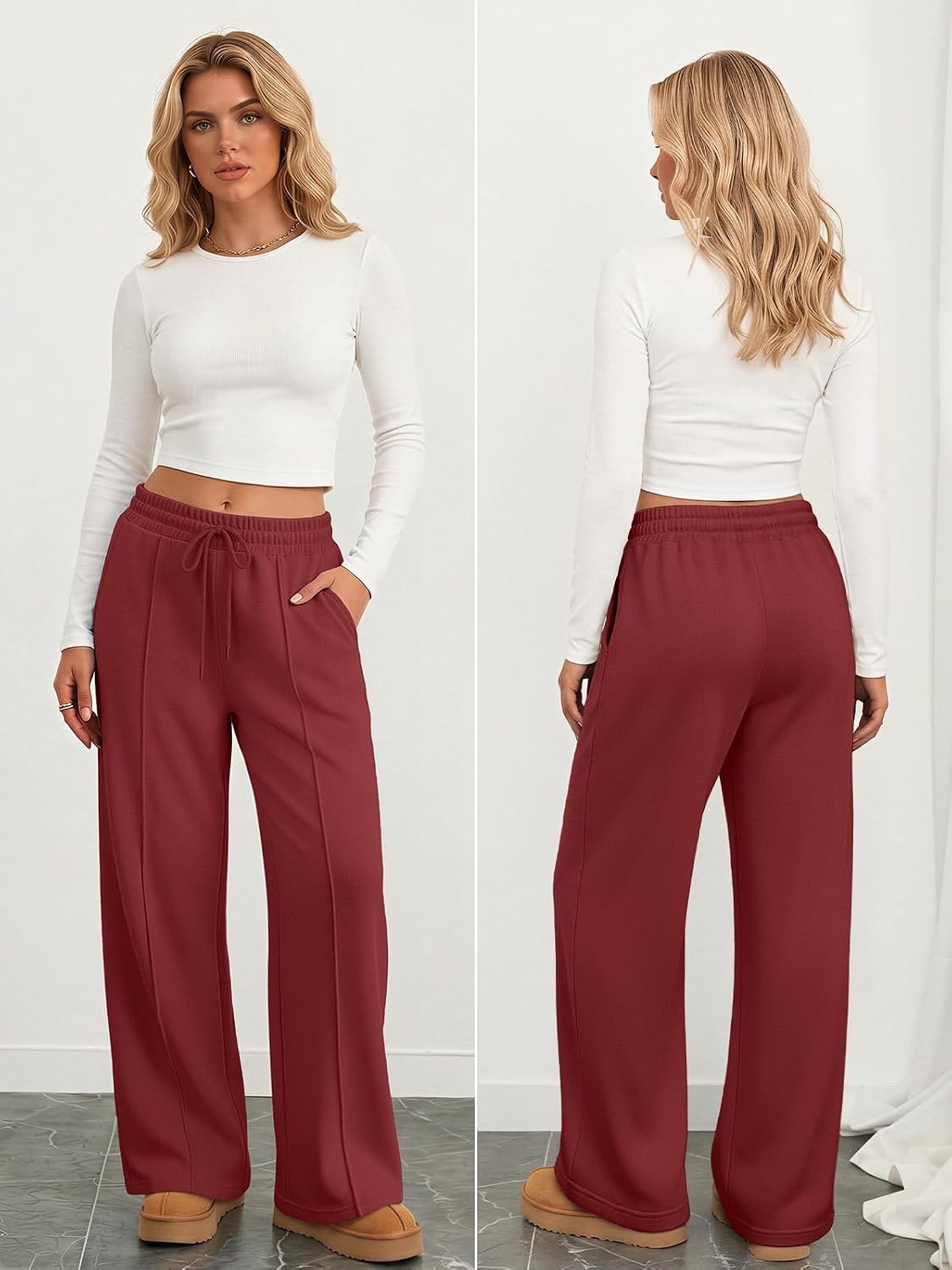 image:imageATHMILE Womens Wide Leg Sweatpants High Waisted Baggy Pants Fashion Teen Girl Drawstring Athletic JoggersFleecewine Red
