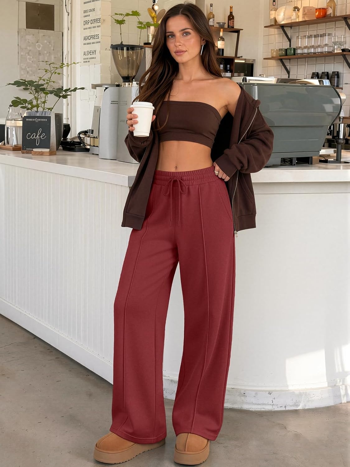 image:imageATHMILE Womens Wide Leg Sweatpants High Waisted Baggy Pants Fashion Teen Girl Drawstring Athletic JoggersFleecewine Red