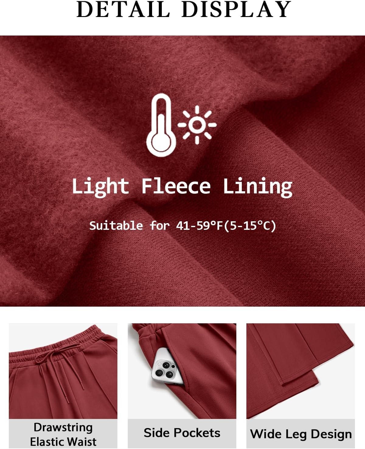 image:imageATHMILE Womens Wide Leg Sweatpants High Waisted Baggy Pants Fashion Teen Girl Drawstring Athletic JoggersFleecewine Red