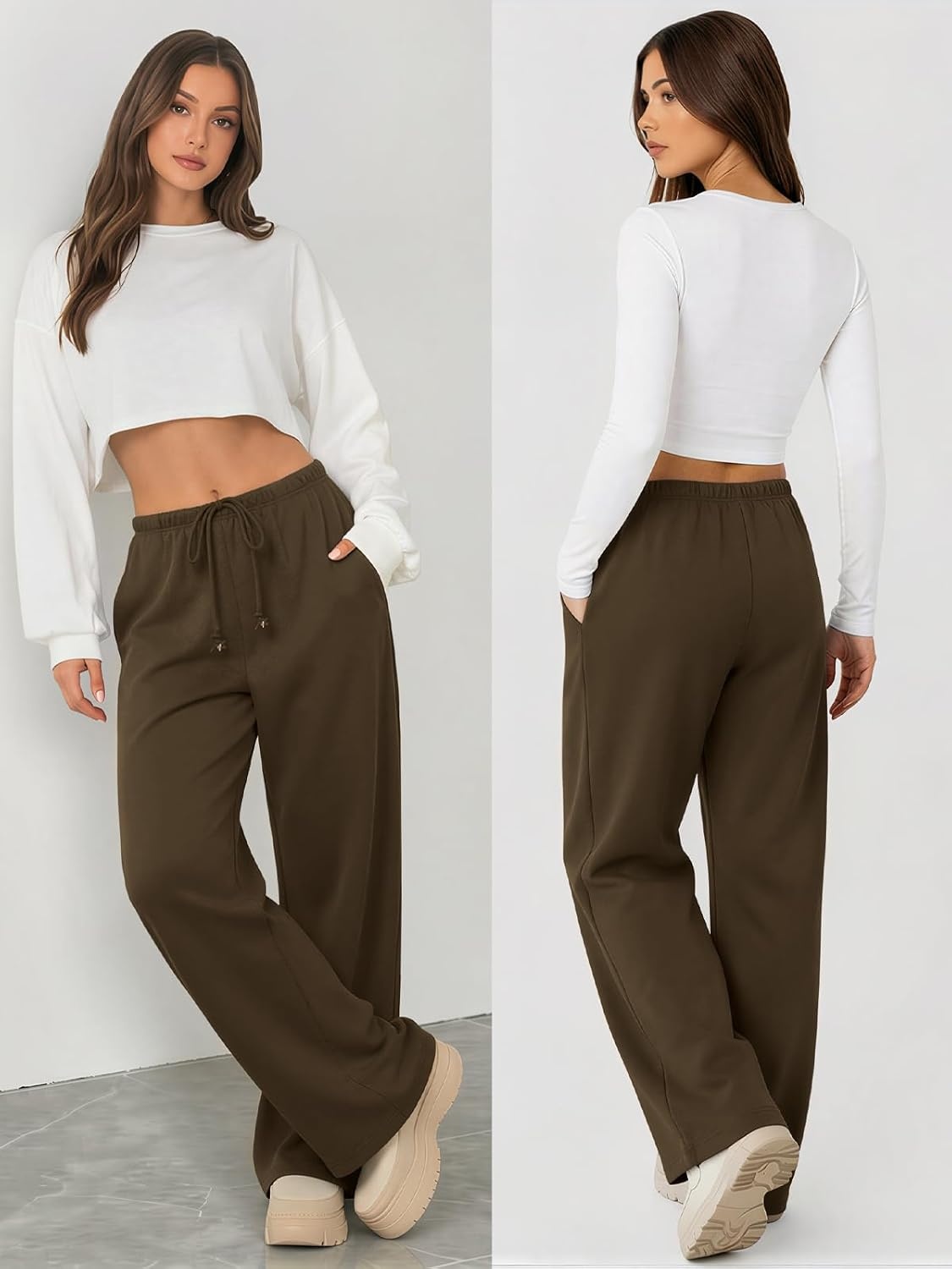 image:imageATHMILE Womens Wide Leg Sweatpants Long Straight Streetwear Drawstring Low Waist Casual Loose Baggy Workout Pants 2026Coffee