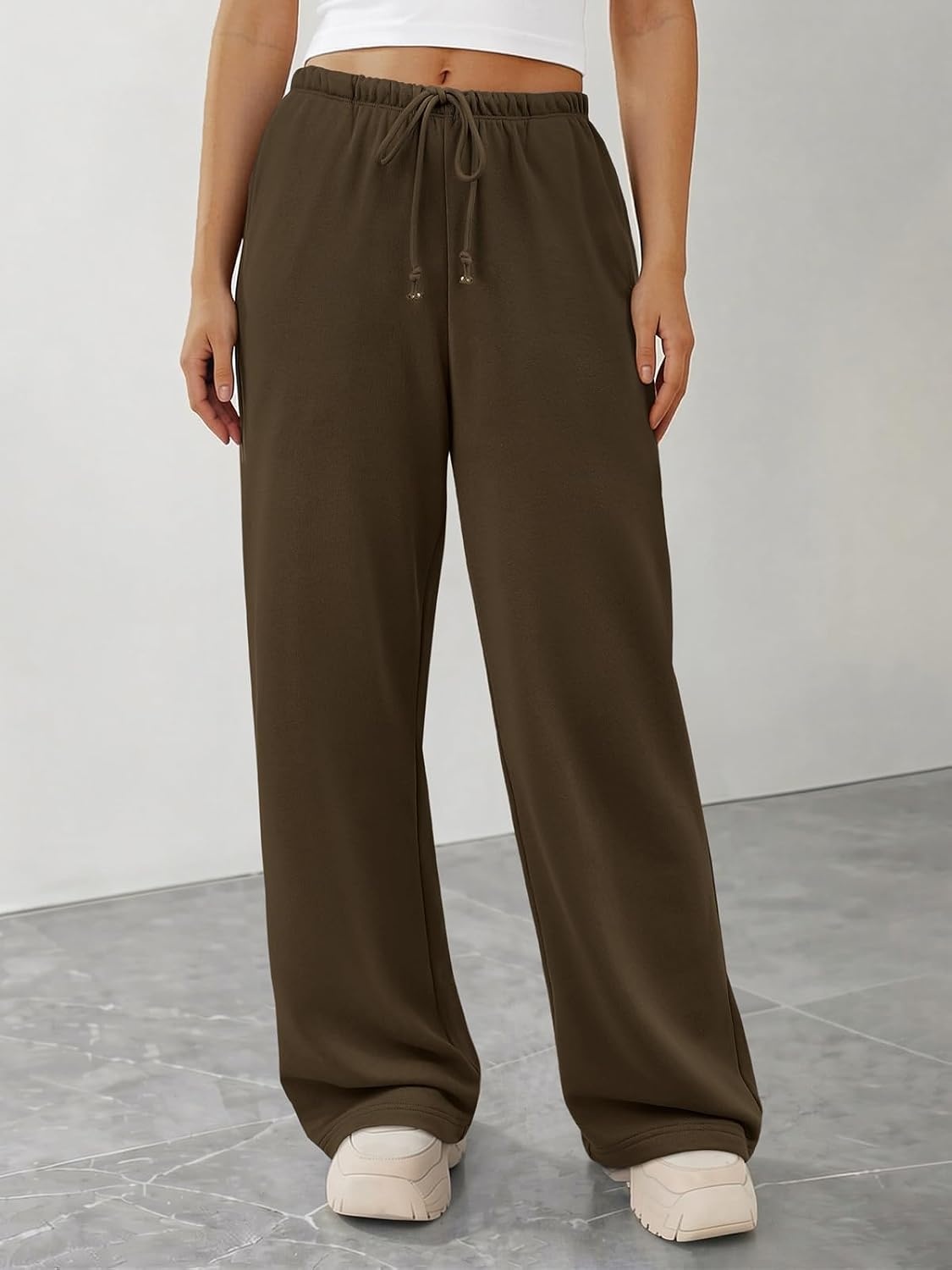 image:imageATHMILE Womens Wide Leg Sweatpants Long Straight Streetwear Drawstring Low Waist Casual Loose Baggy Workout Pants 2026Coffee