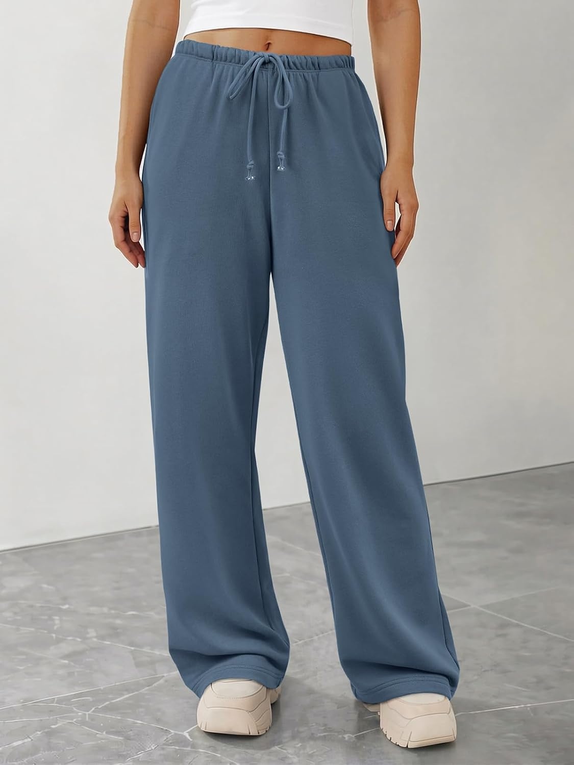 image:imageATHMILE Womens Wide Leg Sweatpants Long Straight Streetwear Drawstring Low Waist Casual Loose Baggy Workout Pants 2026Grey Blue