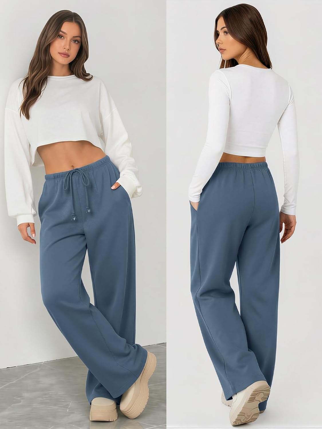 image:imageATHMILE Womens Wide Leg Sweatpants Long Straight Streetwear Drawstring Low Waist Casual Loose Baggy Workout Pants 2026Grey Blue