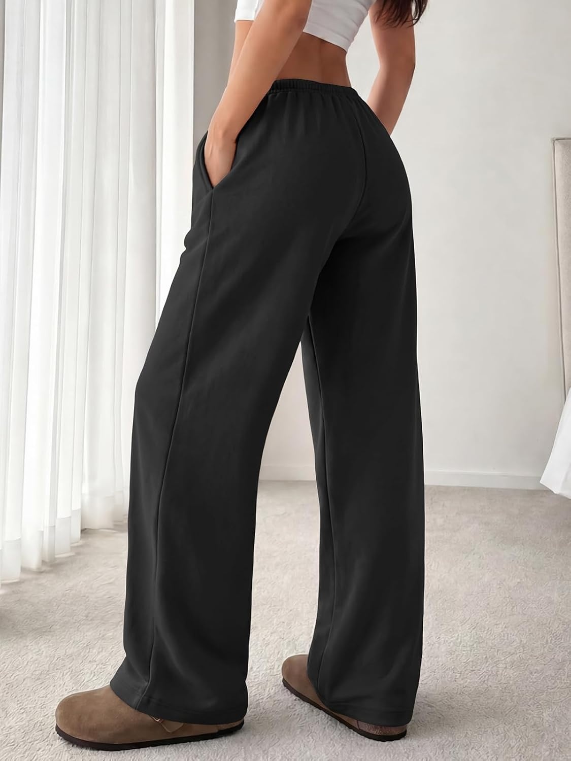 image:imageATHMILE Womens Wide Leg Sweatpants Low Rise Baggy Pants Fall Fashion Lounge Lightweight Sweat Pants with PocketsBlack