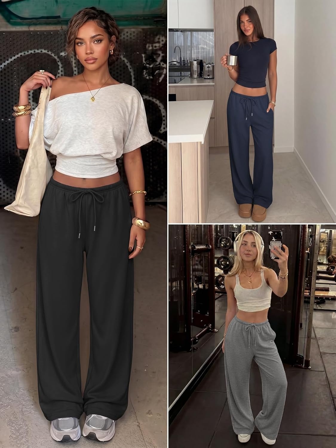 image:imageATHMILE Womens Wide Leg Sweatpants Low Rise Baggy Pants Fall Fashion Lounge Lightweight Sweat Pants with PocketsBlack