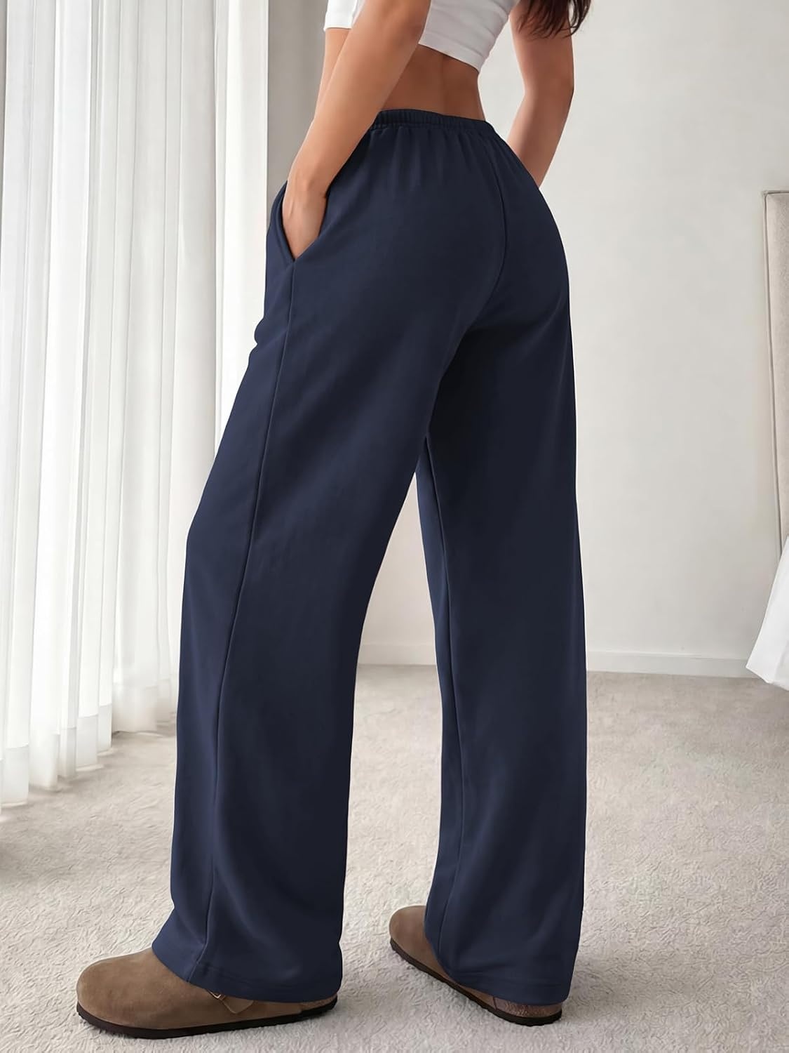 image:imageATHMILE Womens Wide Leg Sweatpants Low Rise Baggy Pants Fall Fashion Lounge Lightweight Sweat Pants with PocketsNavy
