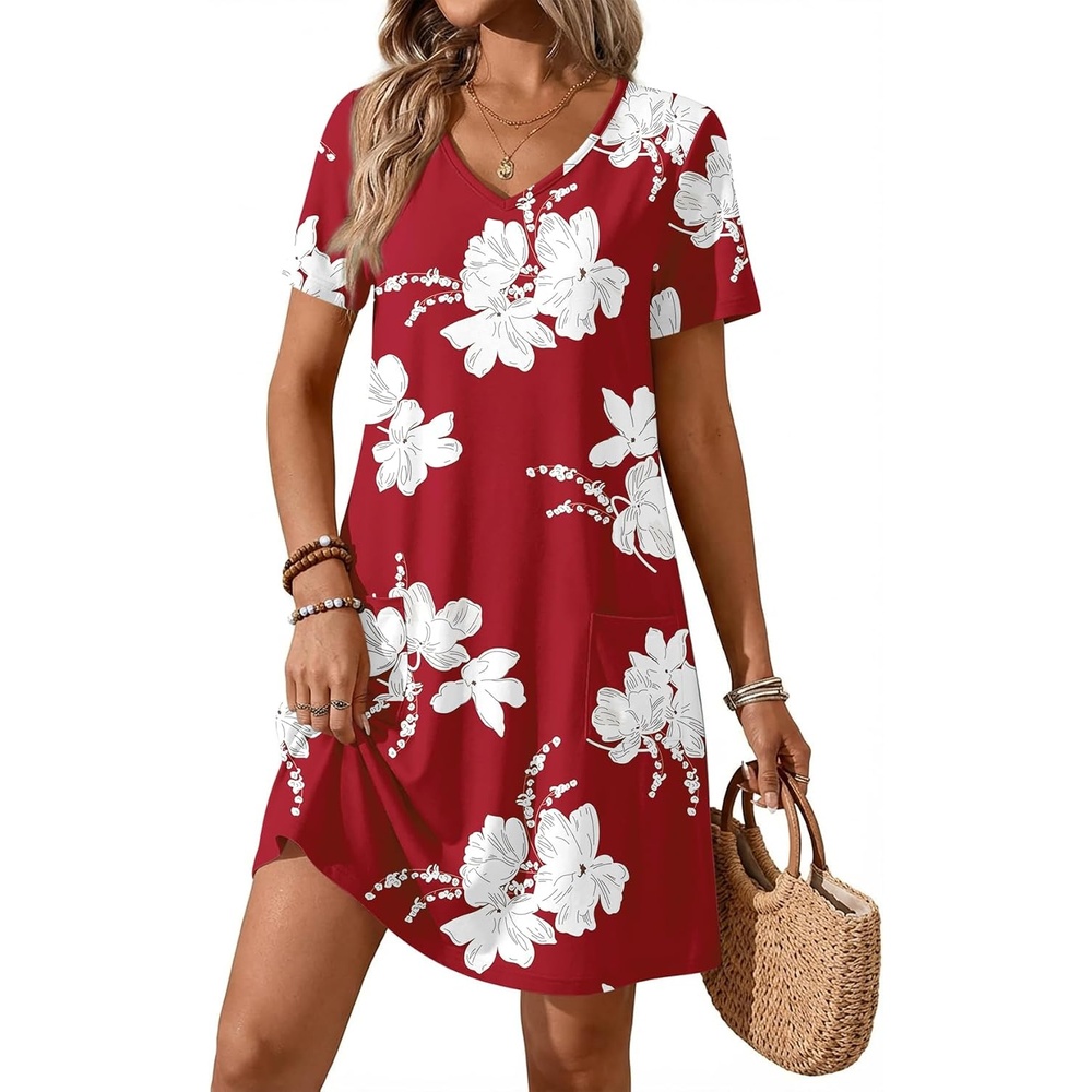 image:imageATHMILE Dresses for Women 2026 V Neck Short Sleeve Casual T Shirt Dress Sundresses Swimsuit Coverup with PocketsRedflowers