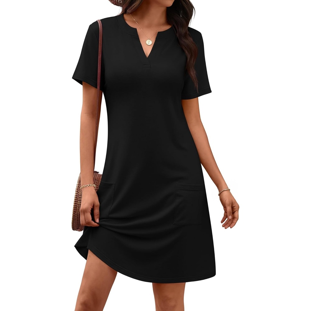 image:imageATHMILE Dresses for Women Casual Summer Boho Dress Short Sleeve Fashion Beach Vacation Clothes V Neck Date OutfitsBlack