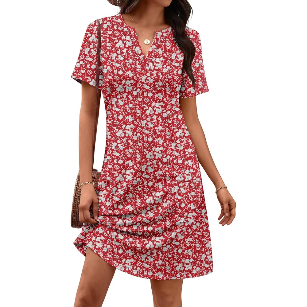 image:imageATHMILE Dresses for Women Casual Summer Boho Dress Short Sleeve Fashion Beach Vacation Clothes V Neck Date OutfitsRed Floral