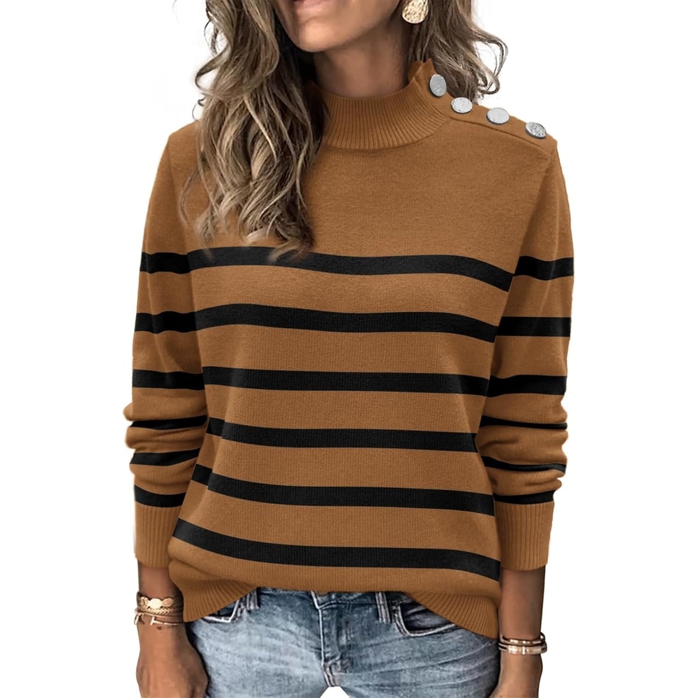 image:imageATHMILE Fall Mock Neck Striped Sweaters for Women 2026 Winter Turtleneck Long Sleeve Knit Sweater Fashion Pullover TopsKhaki