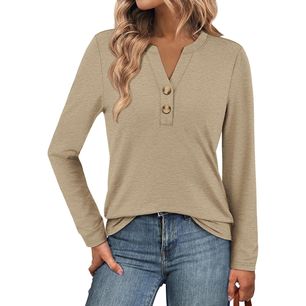 image:imageATHMILE Long Sleeve Shirts for Women 2026 Fall Outfits Henley Dressy Casual Tops Trendy Blouses Cute TShirts Fashion ClothesKhaki