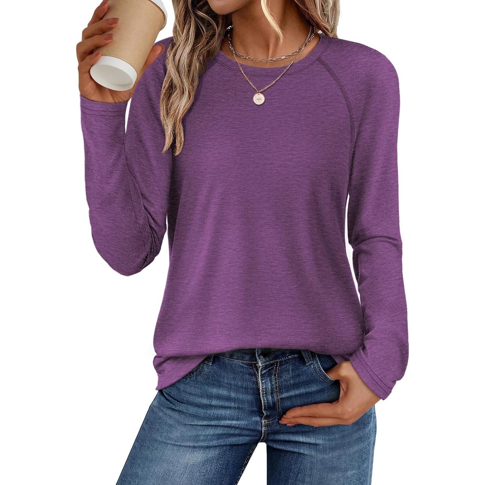 image:imageATHMILE Long Sleeve Shirts for Women Fall Outfit 2026 Fashion Casual T Shirt Round Neck Basic Loose Tunic TopsPurple