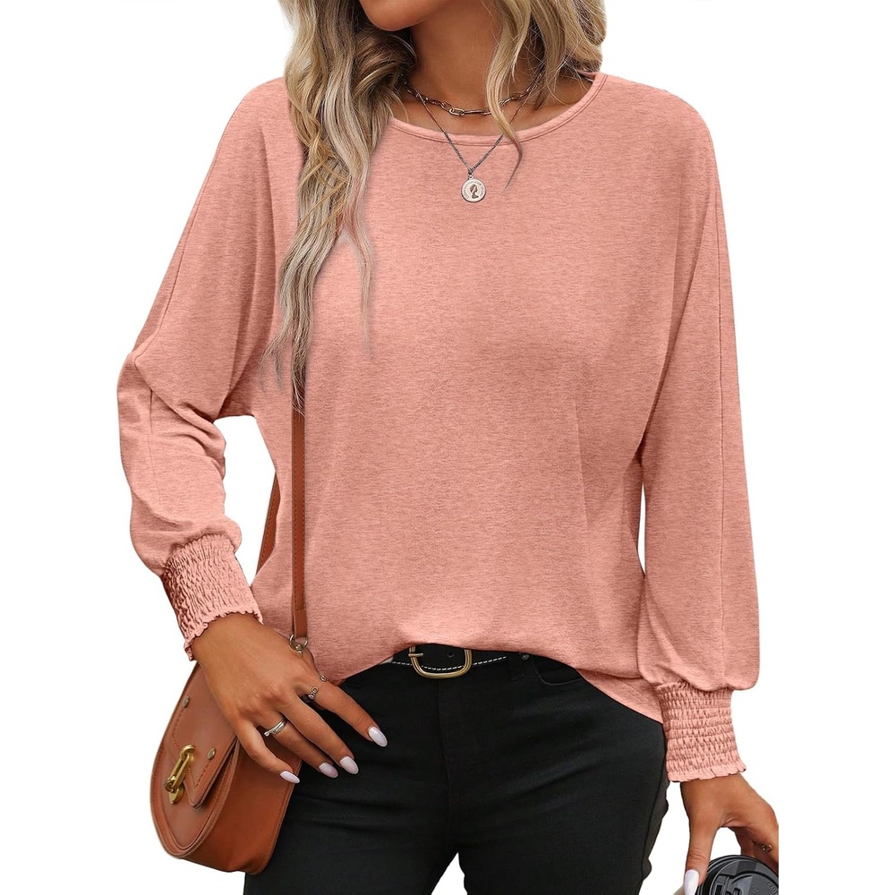 image:imageATHMILE Long Sleeve Tops for Women 2025 Spring Fashion T Shirts for Women Crewneck Casual Loose Shirts Basic TeePink
