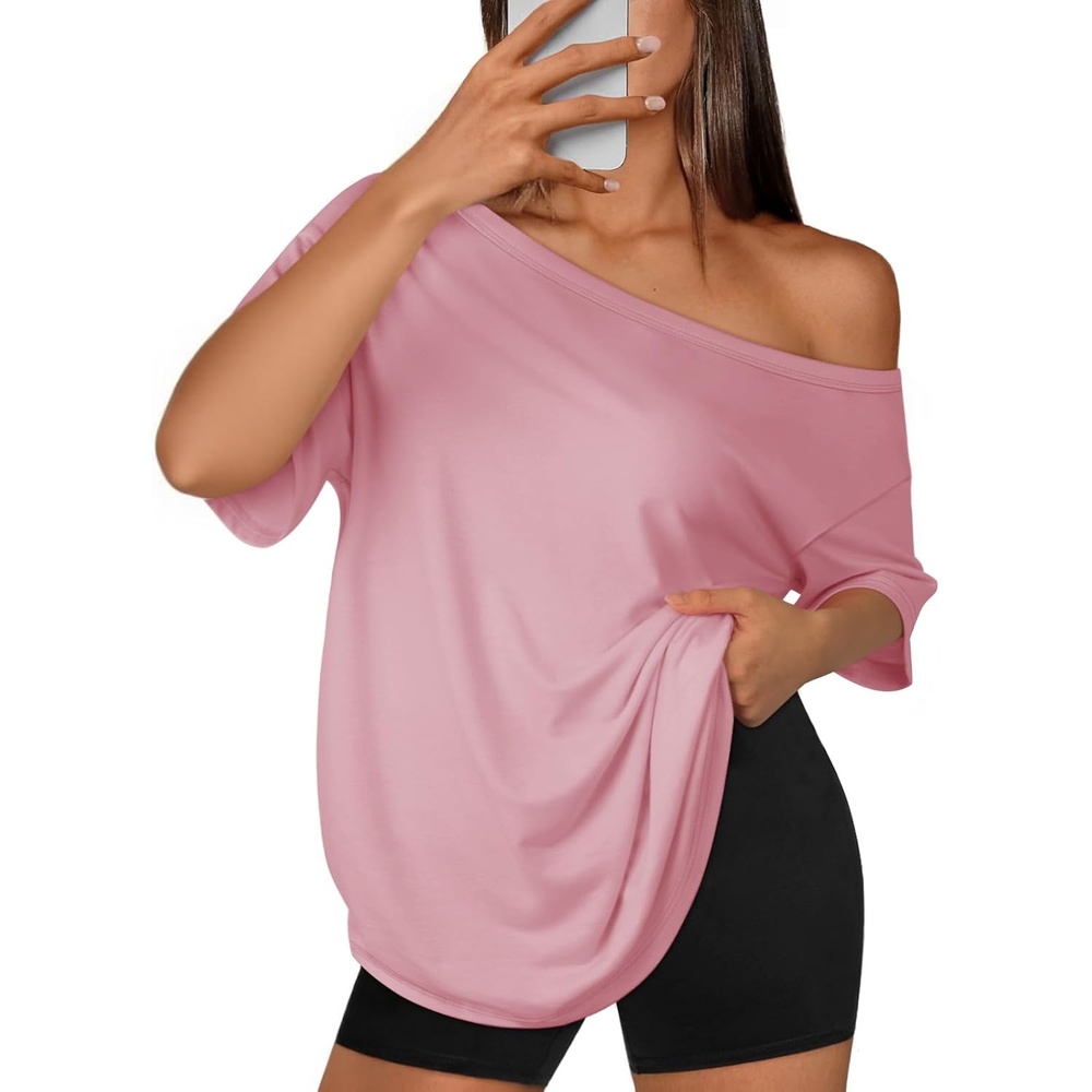 image:imageATHMILE Off The Shoulder Tops for Women 2026 Y2K Loose Fit Tops Oversized Tshirts Fashion Going Out Outfits Casual Basic Tees0pink