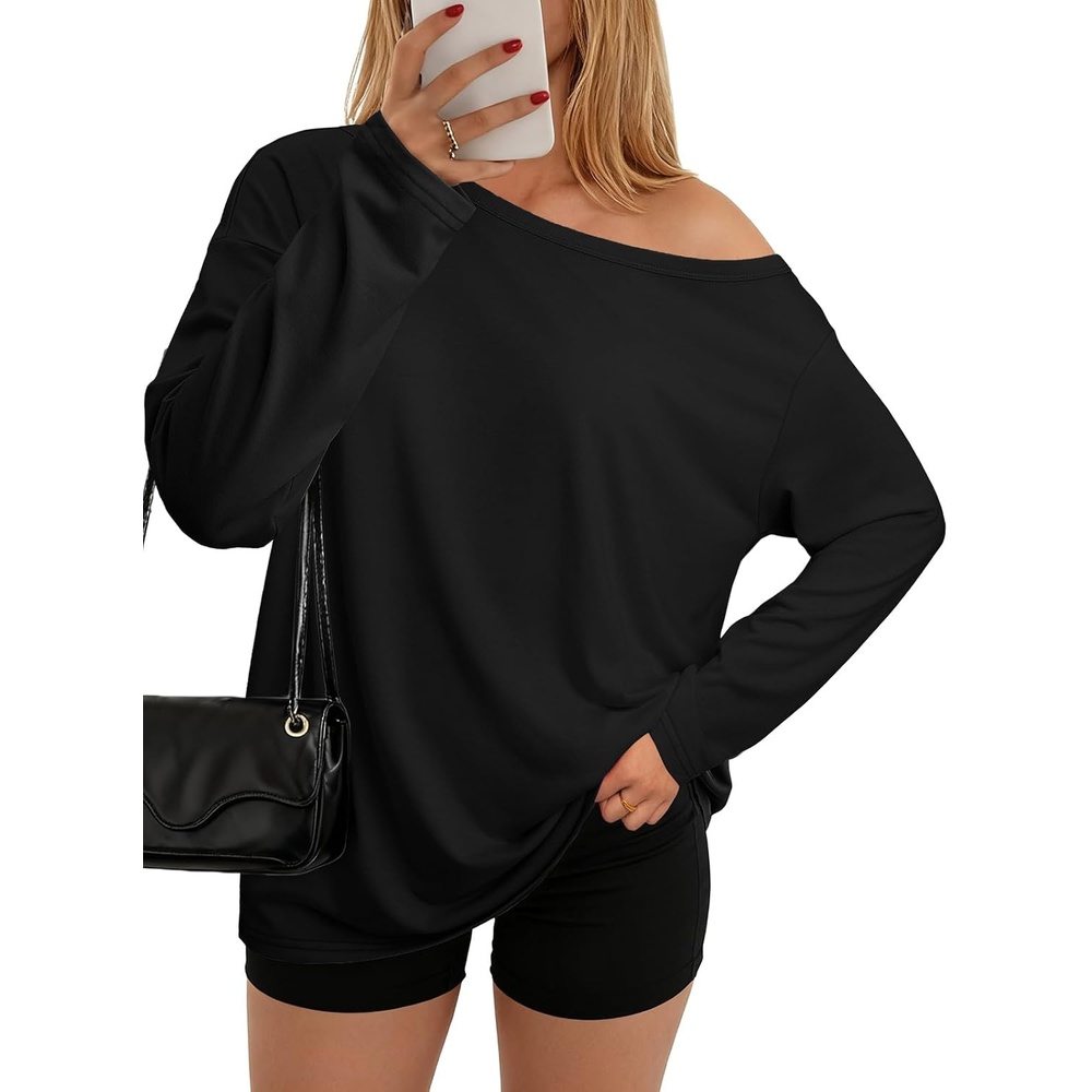 image:imageATHMILE Off The Shoulder Tops for Women 2026 Y2K Loose Fit Tops Oversized Tshirts Fashion Going Out Outfits Casual Basic TeesBlack