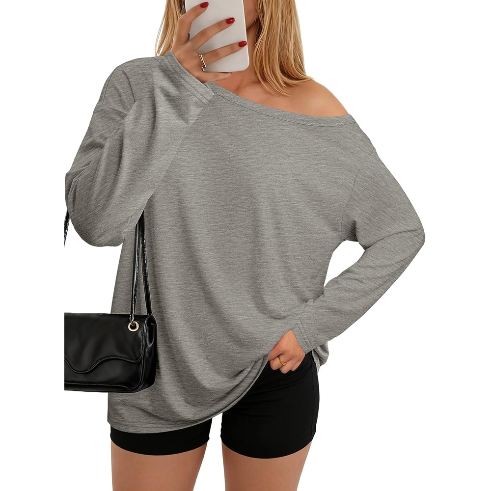 image:imageATHMILE Off The Shoulder Tops for Women 2026 Y2K Loose Fit Tops Oversized Tshirts Fashion Going Out Outfits Casual Basic TeesGrey