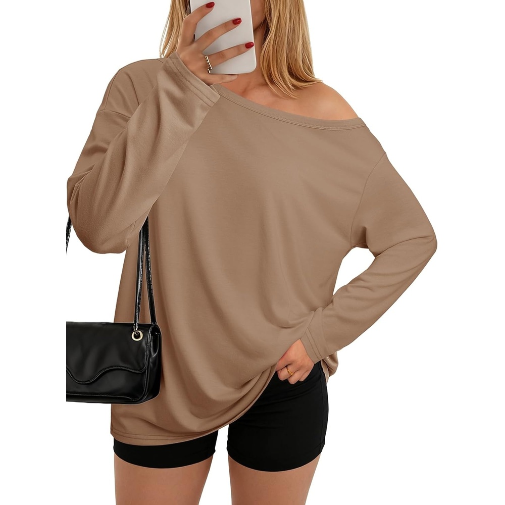 image:imageATHMILE Off The Shoulder Tops for Women 2026 Y2K Loose Fit Tops Oversized Tshirts Fashion Going Out Outfits Casual Basic TeesKhaki