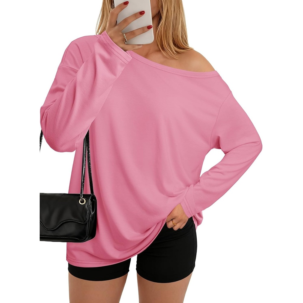 image:imageATHMILE Off The Shoulder Tops for Women 2026 Y2K Loose Fit Tops Oversized Tshirts Fashion Going Out Outfits Casual Basic TeesPink