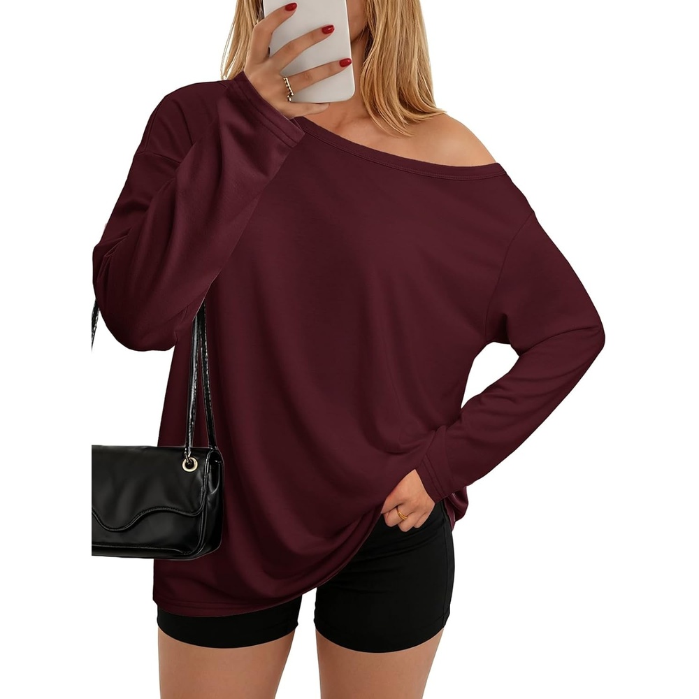 image:imageATHMILE Off The Shoulder Tops for Women 2026 Y2K Loose Fit Tops Oversized Tshirts Fashion Going Out Outfits Casual Basic TeesWine Red