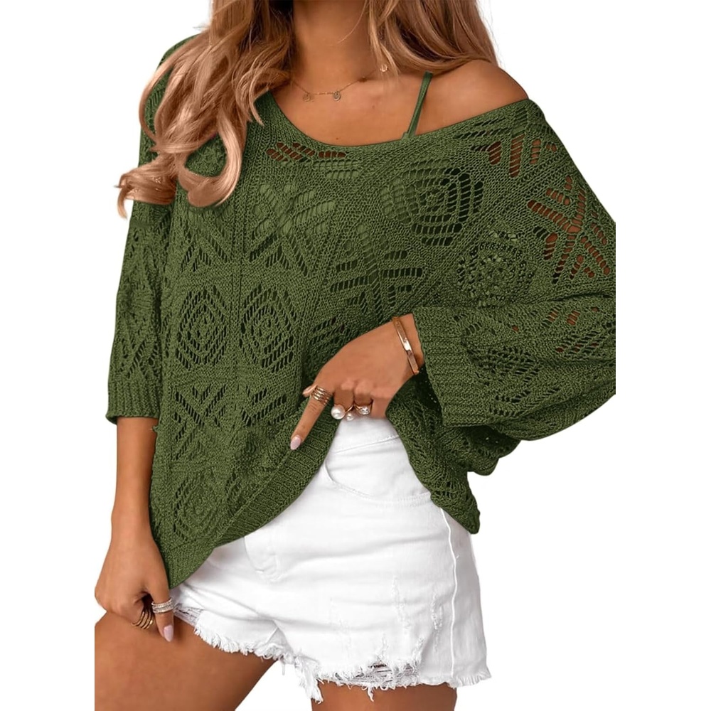 image:imageATHMILE Off The Shoulder Tops for Women Summer Crochet Hollow Out 34 Sleeve Pullover Sweater Beach Cover up Vacation ClothesArmy Green