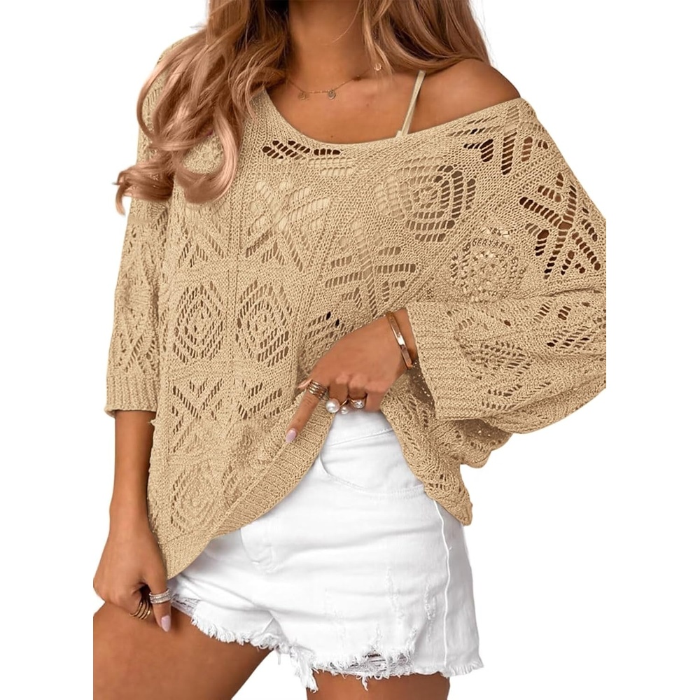 image:imageATHMILE Off The Shoulder Tops for Women Summer Crochet Hollow Out 34 Sleeve Pullover Sweater Beach Cover up Vacation ClothesCamel