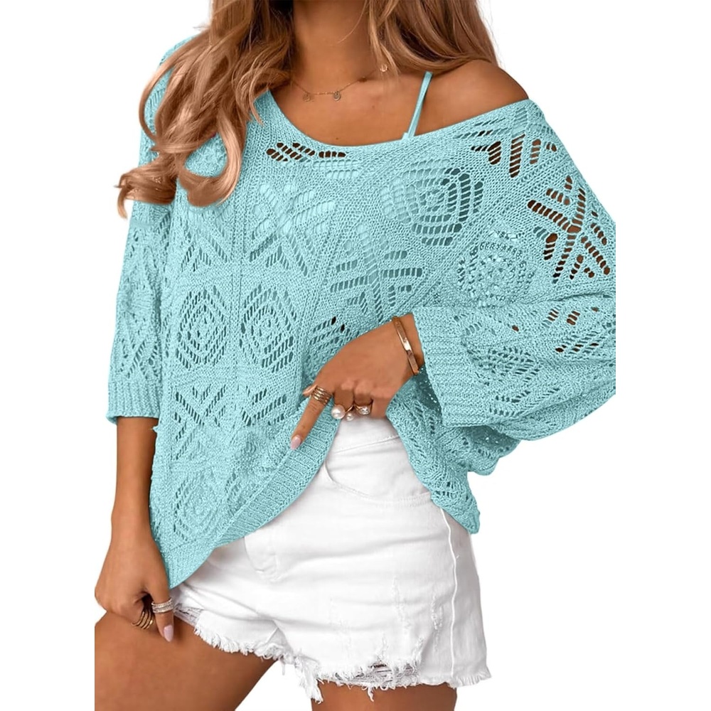 image:imageATHMILE Off The Shoulder Tops for Women Summer Crochet Hollow Out 34 Sleeve Pullover Sweater Beach Cover up Vacation ClothesLight Blue