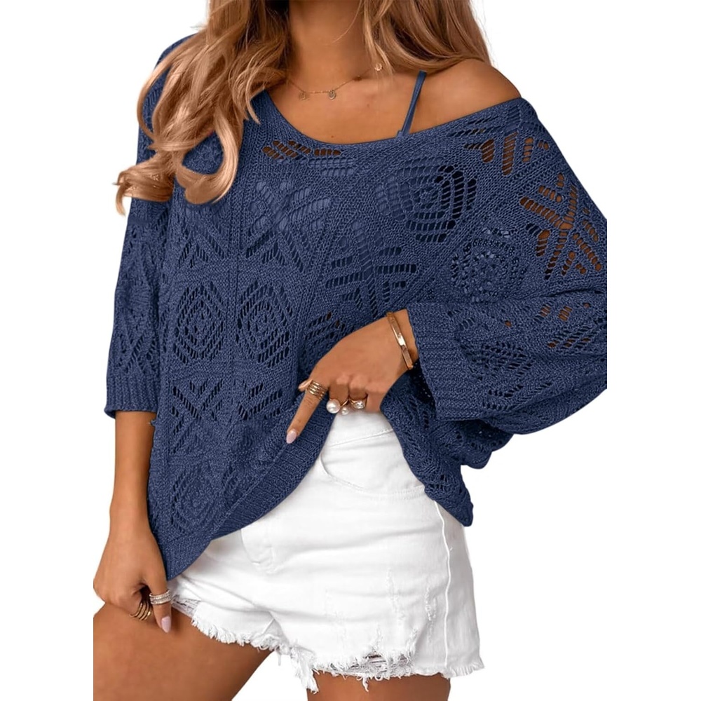 image:imageATHMILE Off The Shoulder Tops for Women Summer Crochet Hollow Out 34 Sleeve Pullover Sweater Beach Cover up Vacation ClothesNavy Blue