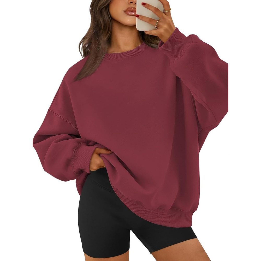 image:imageATHMILE Oversized Sweatshirt for Women Crewneck Fleece Long Sleeve Pullover Hoodies Tops Fall Fashion Outfits ClothesWine Red