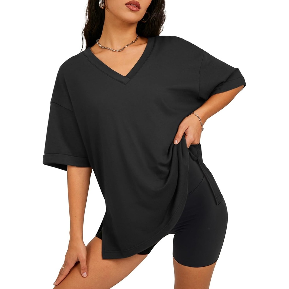 image:imageATHMILE Oversized Tshirts for Women Summer 2026 V Neck Casual Workout Plus Size Tops Spring Fashion Cute Basic Trendy OutfitsBlack