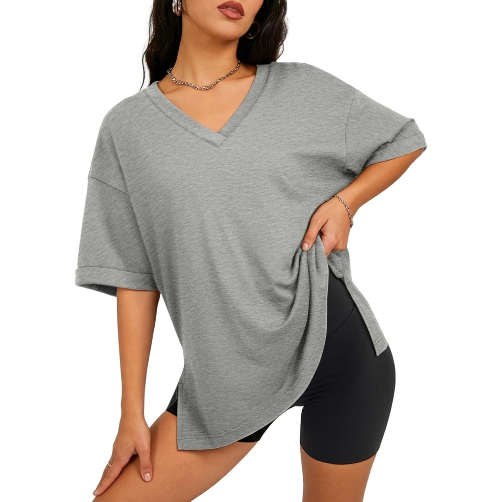 image:imageATHMILE Oversized Tshirts for Women Summer 2026 V Neck Casual Workout Plus Size Tops Spring Fashion Cute Basic Trendy OutfitsGrey
