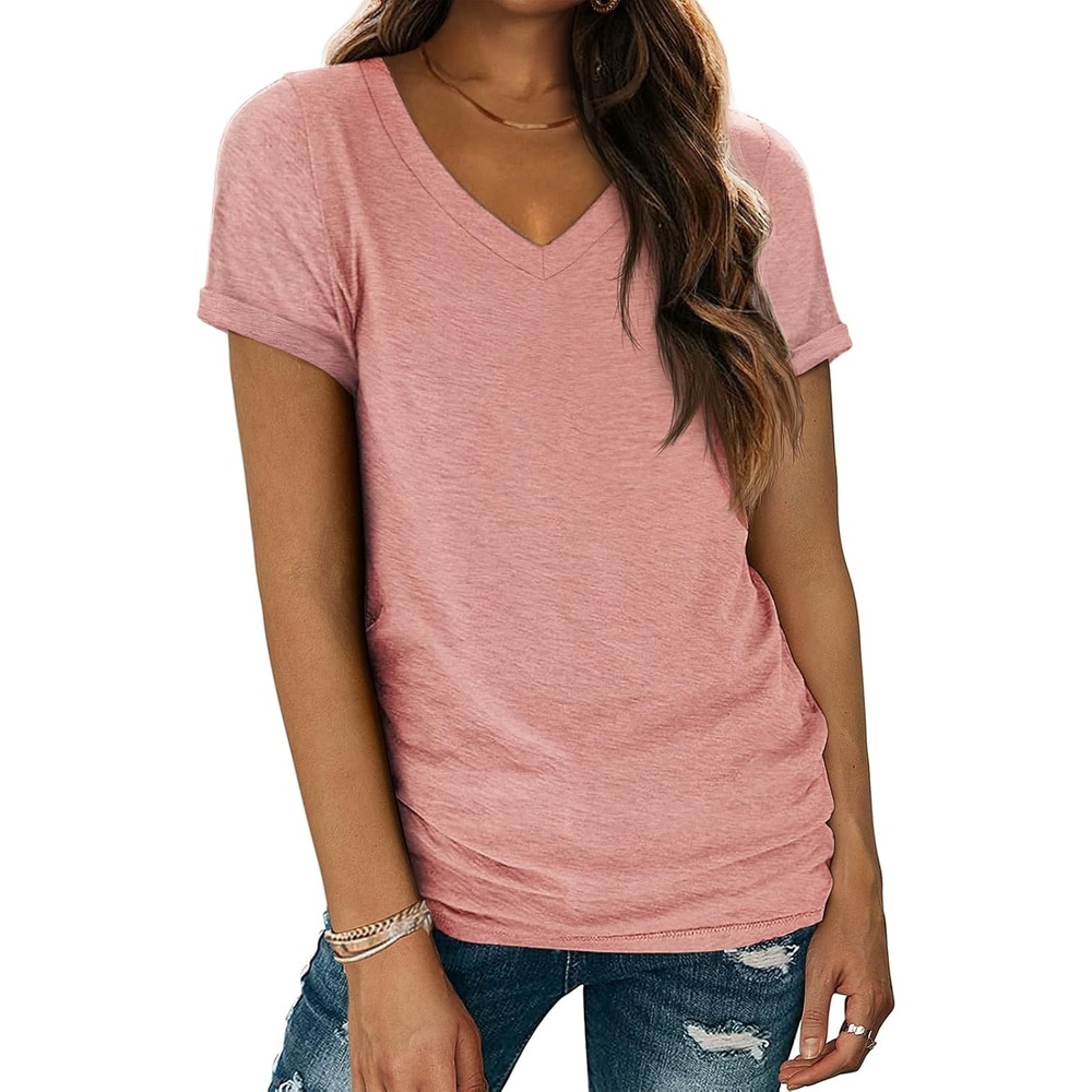 image:imageATHMILE T Shirts Short Sleeve V Neck Tees for Women Fashion Tops Trendy Lightweight Casual Summer Outfits Clothes 2026 BeachLightpink