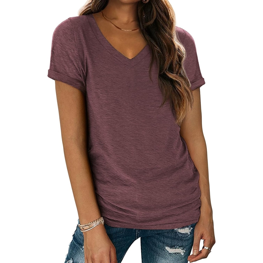 image:imageATHMILE T Shirts Short Sleeve V Neck Tees for Women Fashion Tops Trendy Lightweight Casual Summer Outfits Clothes 2026 BeachWinered