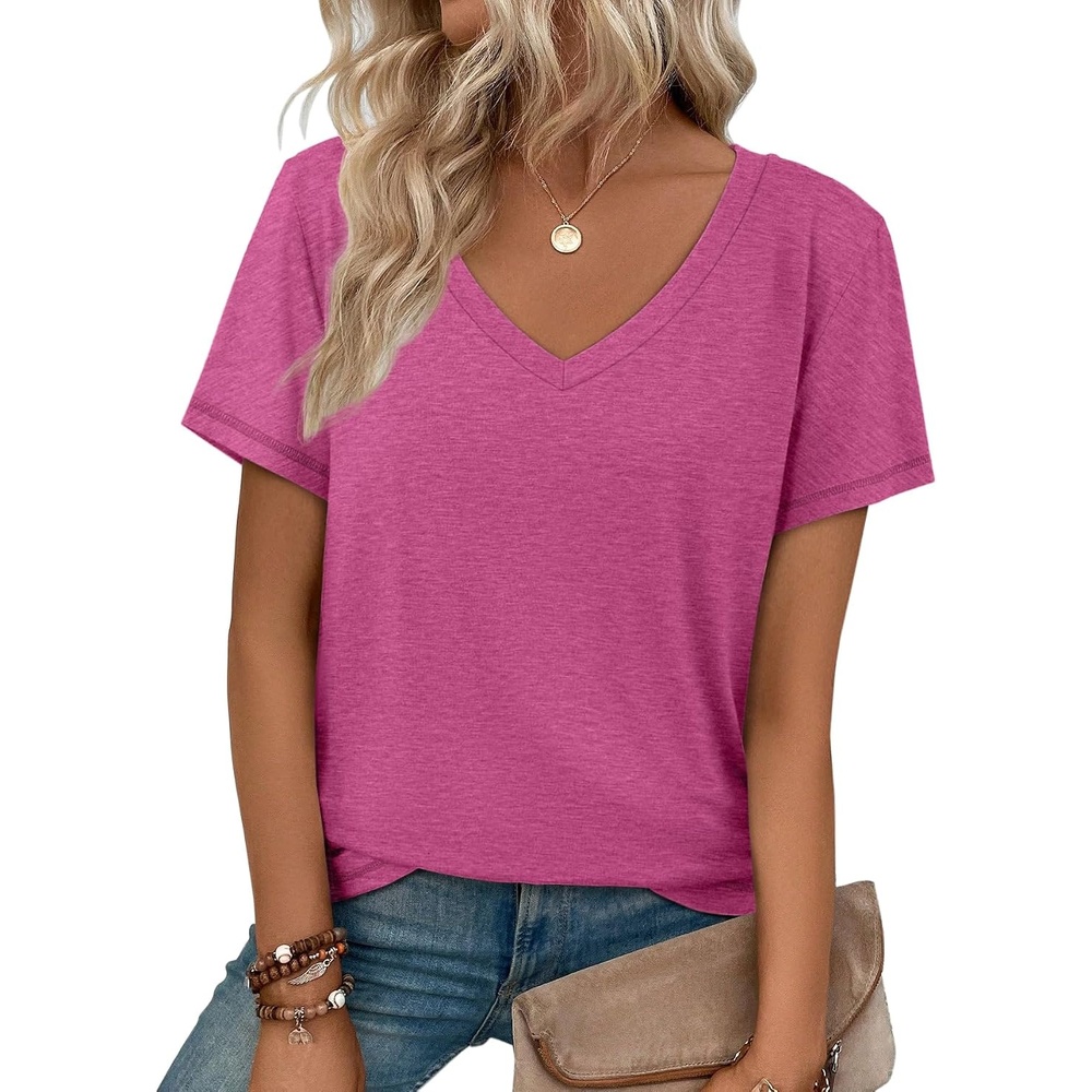 image:imageATHMILE T Shirts Short Sleeve V Neck Tees for Women Fashion Tops Trendy Soft Casual Summer Clothes Outfits 2026Hotpink
