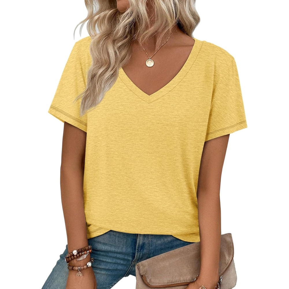 image:imageATHMILE T Shirts Short Sleeve V Neck Tees for Women Fashion Tops Trendy Soft Casual Summer Clothes Outfits 2026Yellow