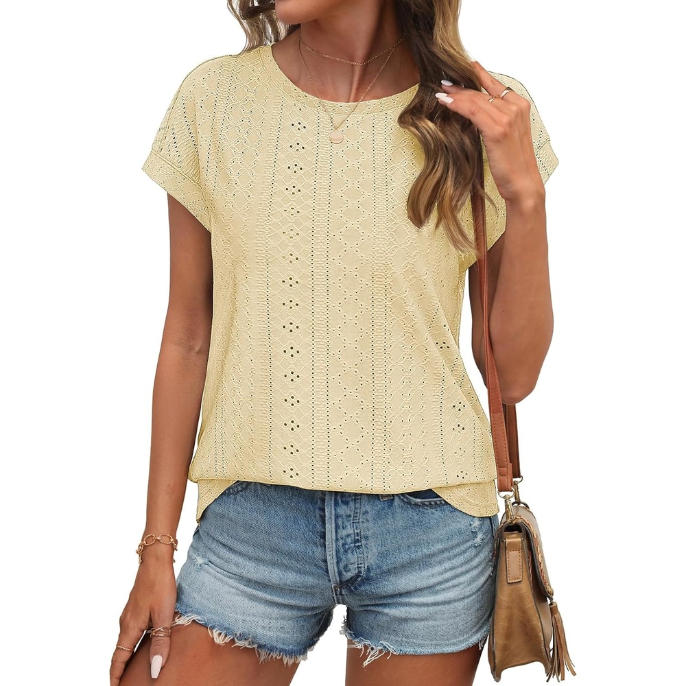 image:imageATHMILE Tops for Women Trendy Short Sleeve Shirts Dressy Casual Cap Blouses with Curved Hem Summer ClothingYellow
