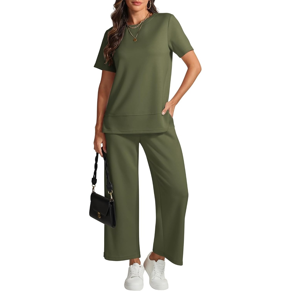 image:imageATHMILE Womens 2 Piece Lounge Set Fashion Travel Outfits Summer Beach Vacation Tracksuit Comfy Wide Leg Airport LoungewearArmy Green