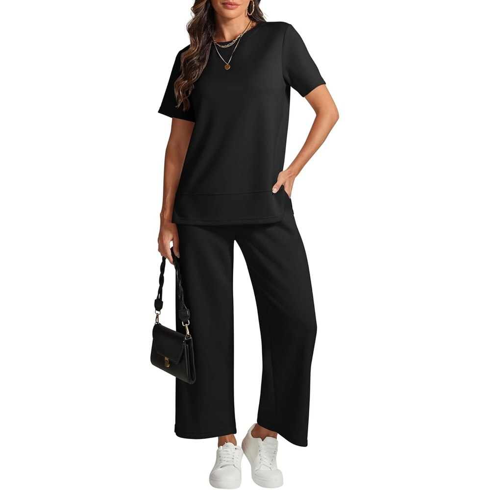 image:imageATHMILE Womens 2 Piece Lounge Set Fashion Travel Outfits Summer Beach Vacation Tracksuit Comfy Wide Leg Airport LoungewearBlack